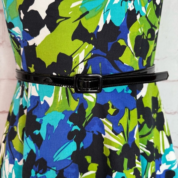 DAVID MEISTER Belted Fit & Flare Blue Green Floral Cocktail Party Dress Size 2 - Picture 8 of 16